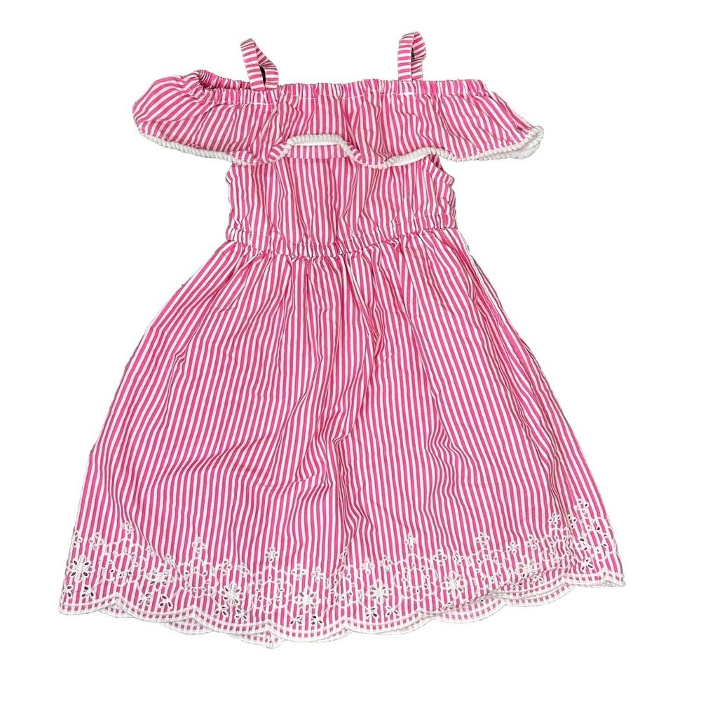 Pink And White Striped‎ Dress Toddler 4T Vintage Penelope Mack Floral Trim Frill